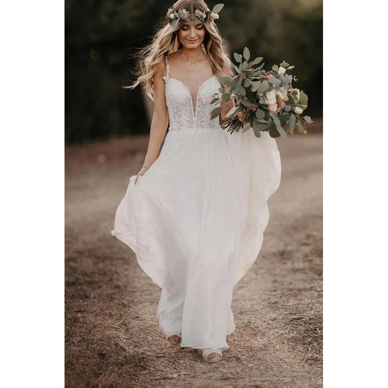A-Line V-Neck Chiffon Long Wedding Dresses with Appliques