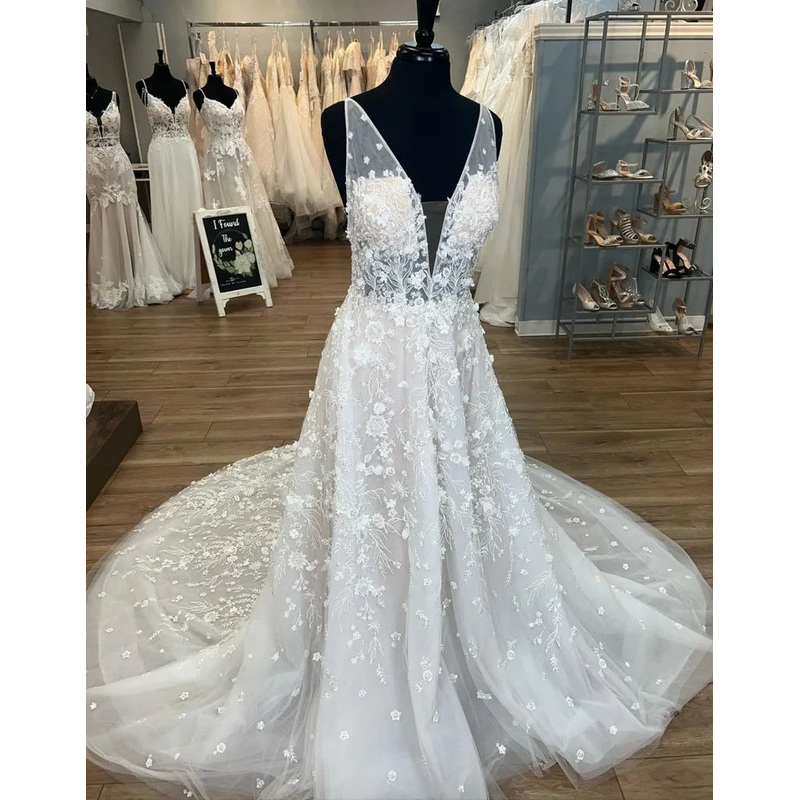 Gorgeous A-Line Deep V-Neck Open Back Chapel Train Wedding Dress