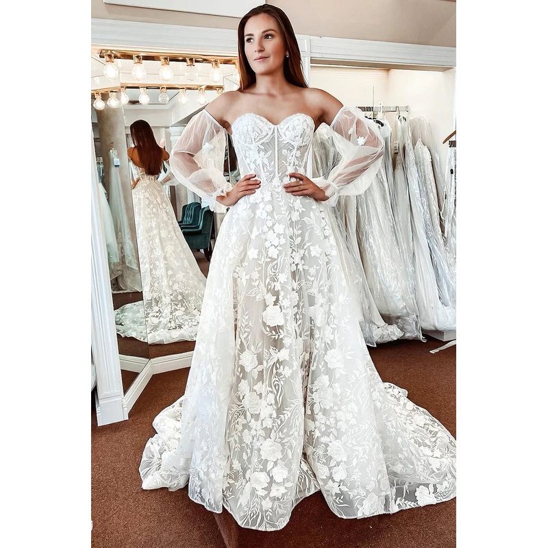 Ivory Lace A-Line Detachable Long Sleeves Corset Sweetheart Wedding Dress