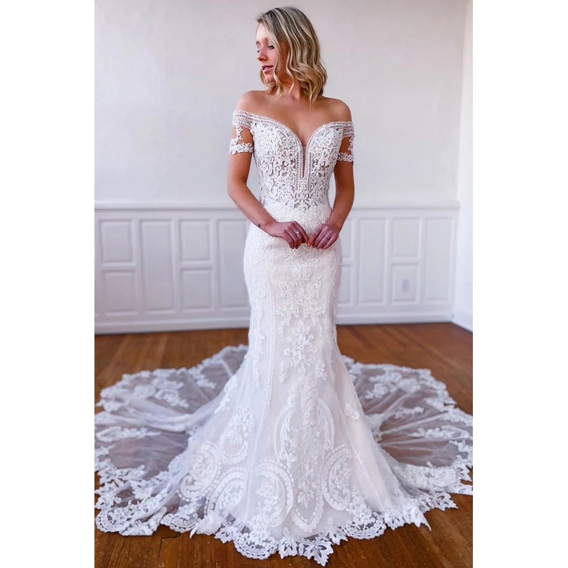 Mermaid Off-the-Shoulder Short Sleeves Long White Lace Bridal Dress