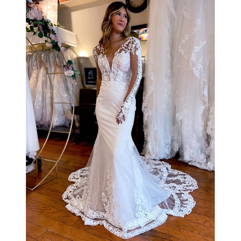 Mermaid V-Neck Removable Long Sleeves Wedding Dress With Appliques