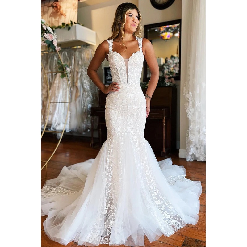 Mermaid White Lace Sweep Train Long Wedding Dress with Appliques