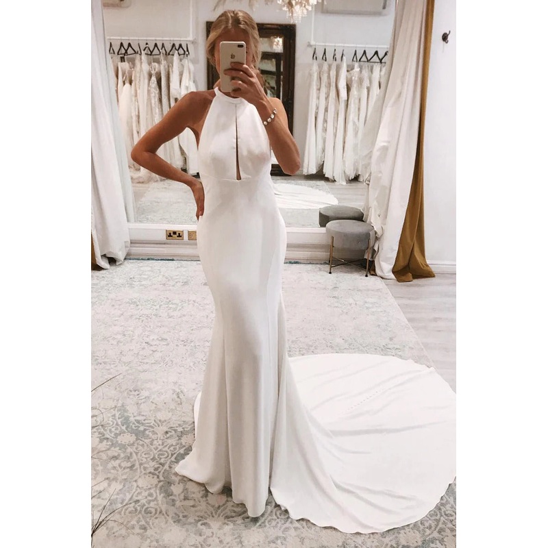 Simple White Halter Open Back Long Wedding Dress Sweep/Brush Train Dresses