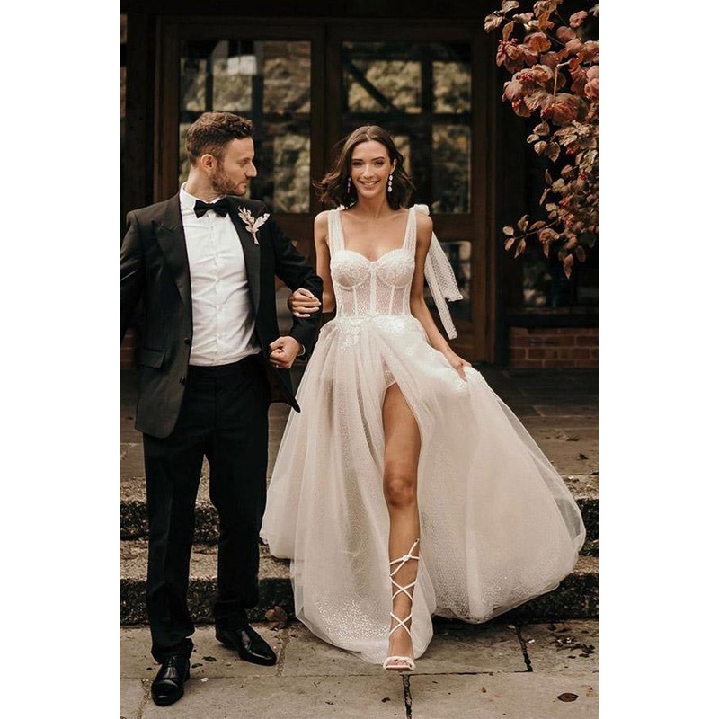 Straps A Line With Sequins Sleeveless Corset Wedding Dresses
