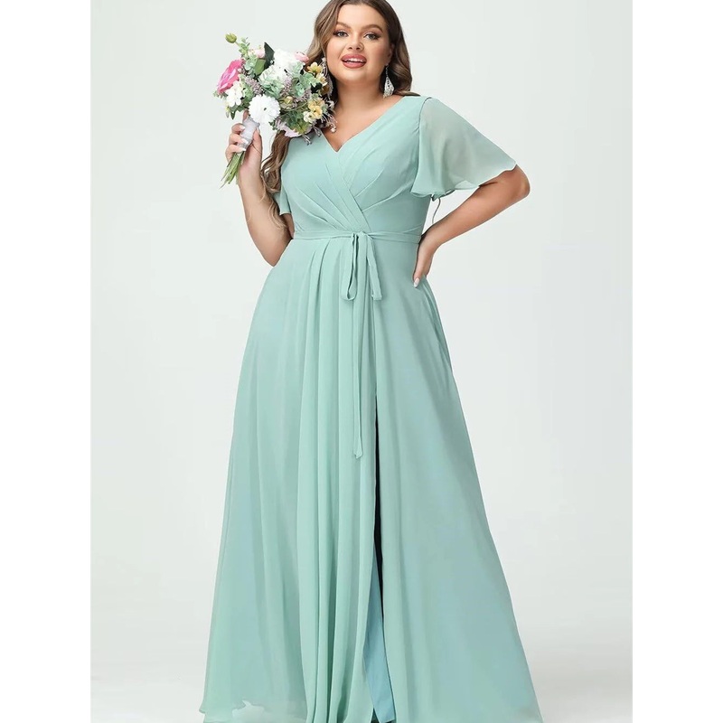 A Line Chiffon V-Neck Short Sleeves Floor-Length Bridesmaid Dresses With Slit