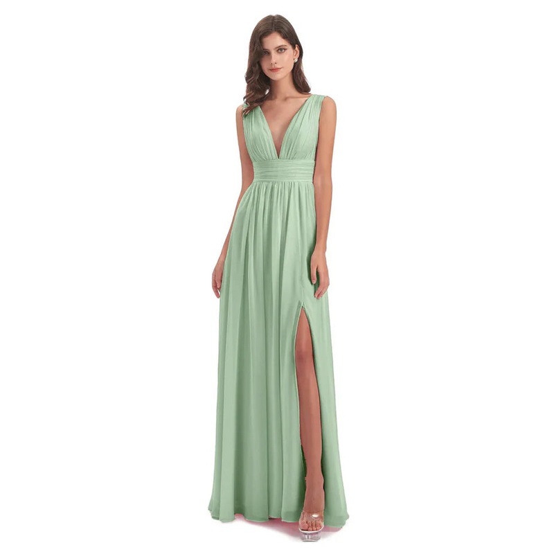 A-Line Floor Length Deep V Neck Chiffon Bridesmaid Dresses With Slit