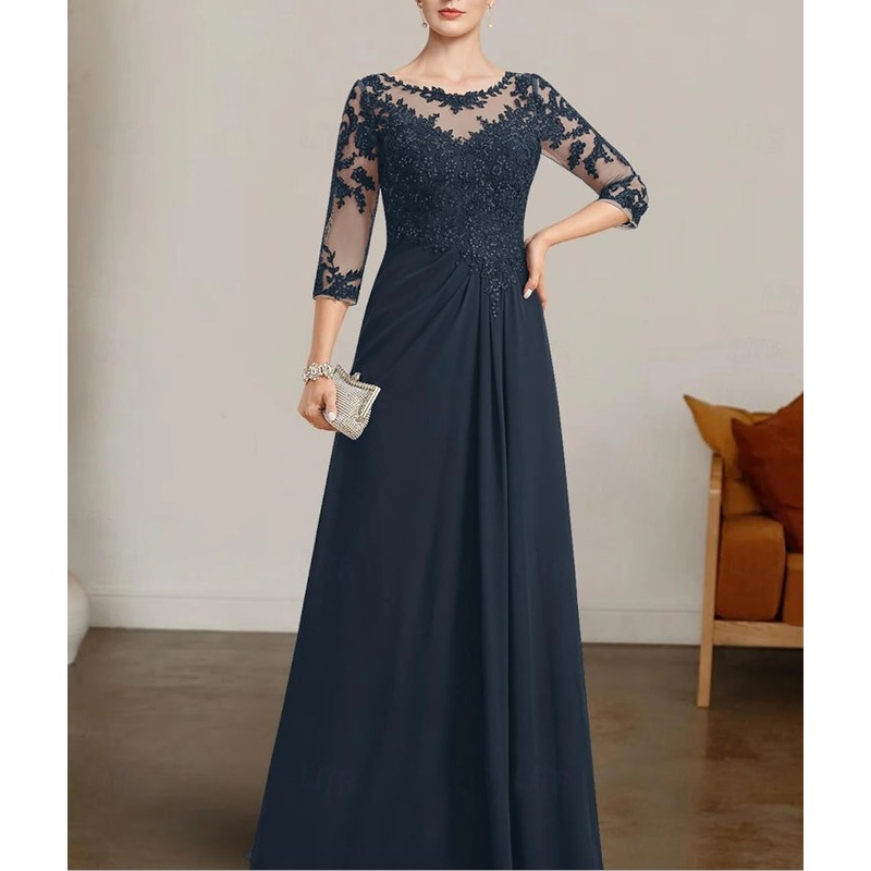 A-Line Mother of the Bride Dress Elegant Bateau Neck Floor Length Chiffon Lace with 3/4 Length Sleeve