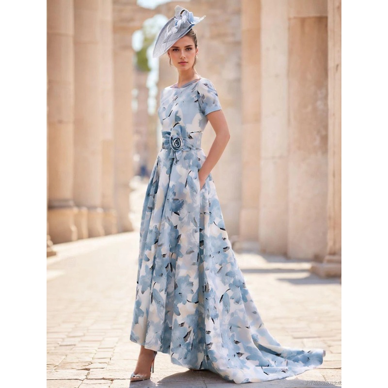 A-Line Mother of the Bride Dress Elegant Dresses Formal Wedding Guest Elegant Elegant Dress Bateau Neck Asymmetrical Ankle Length Chiffon with Pleats Flower