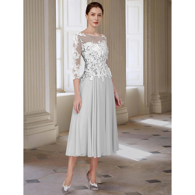 A-Line Mother of the Bride Dress Formal Wedding Guest Elegant Jewel Neck Asymmetrical Ankle Length Chiffon Lace with Appliques