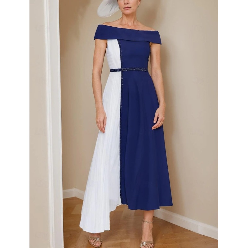 A-Line Mother of the Bride Dress Formal Wedding Guest Elegant V Neck Tea Length Chiffon with Sash / Ribbon