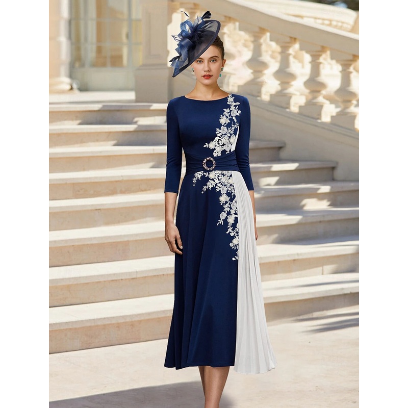 A-Line Mother of the Bride Dress Jewel Neck Tea Length Stretch Fabric 3/4 Length Sleeve with Beading Appliques Flower