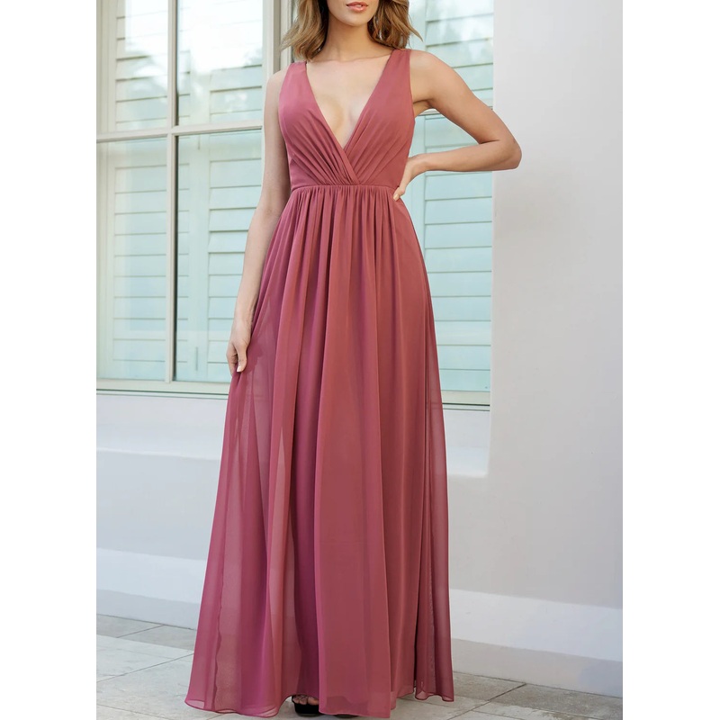 A-Line/Princess Deep V-Neck Chiffon Floor-length Long Bridesmaid Dresses