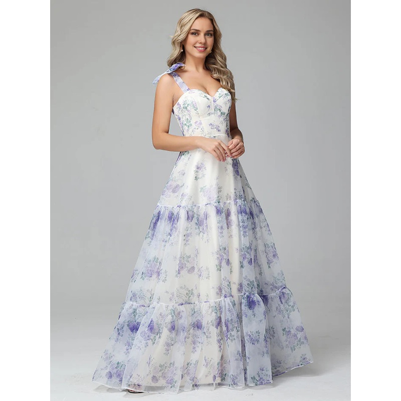 A-Line Princess Elegant Floral Print Lace Up Floor Length Bridesmaid Dresses Prom Dress