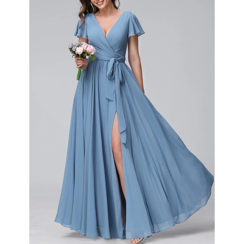 A-Line/Princess V-Neck Floor-length Long Bridesmaid Dresses With Slit