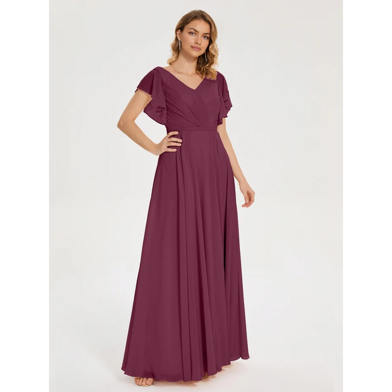 A-Line Princess V-neck Pleats Chiffon Bridesmaid Dress with Ruffles