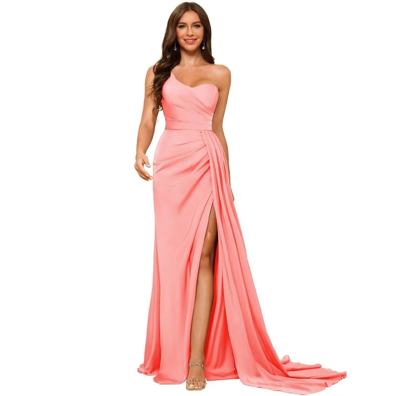 A Line Satin One-shoulder Sleeveless Floor-Length Bridesmaid Dresses With Slit