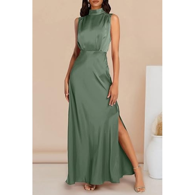 A Line Sleeveless Mock Neck Satin Ankle-Length Bridesmaid Dresses