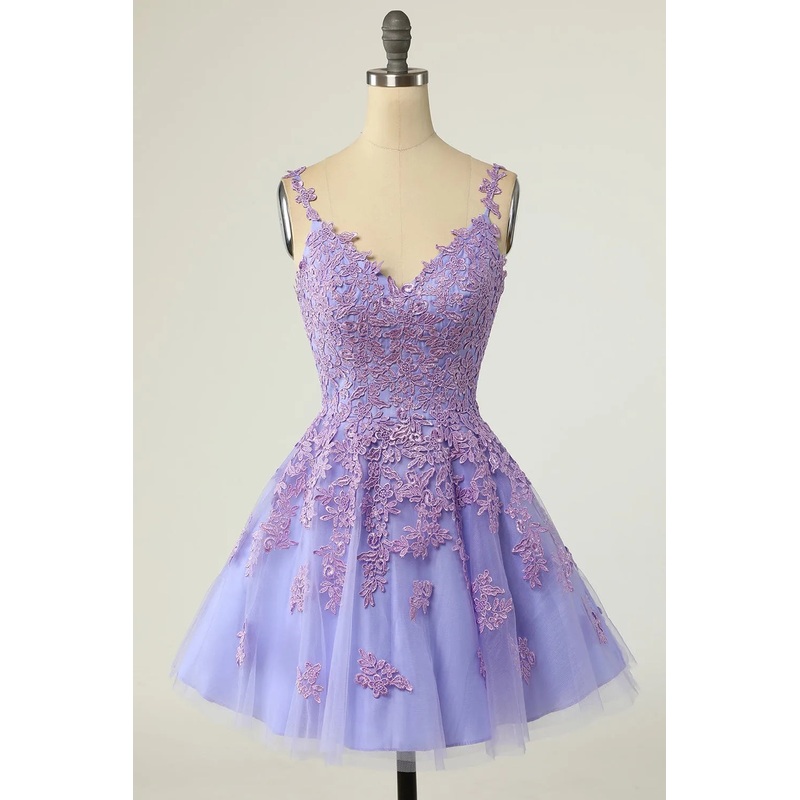 A Line Tulle V-Neck Spaghetti Straps Purple Short Homecoming Dress