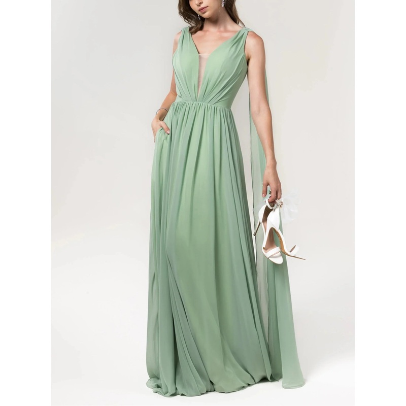 A-Line V-Neck Floor-Length Chiffon Bridesmaid Dress Wedding Guest Dresses