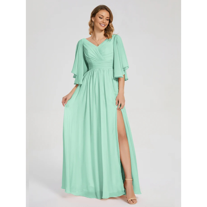 A-Line V-neck Half Sleeves Slit Chiffon Bridesmaid Dress Wedding Guest Party Dress
