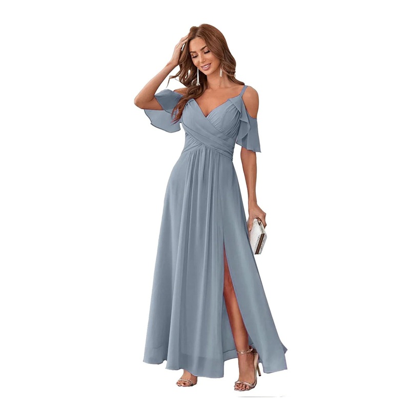 A-Line V Neck Spaghetti Straps Ankle Length Bridesmaid Dresses Chiffon with Ruffles Bow(s)