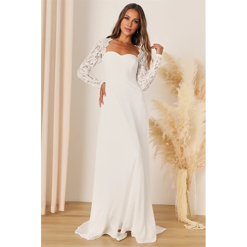 A-Line White Lace Long Sleeve Backless Floor-length Wedding Dresses