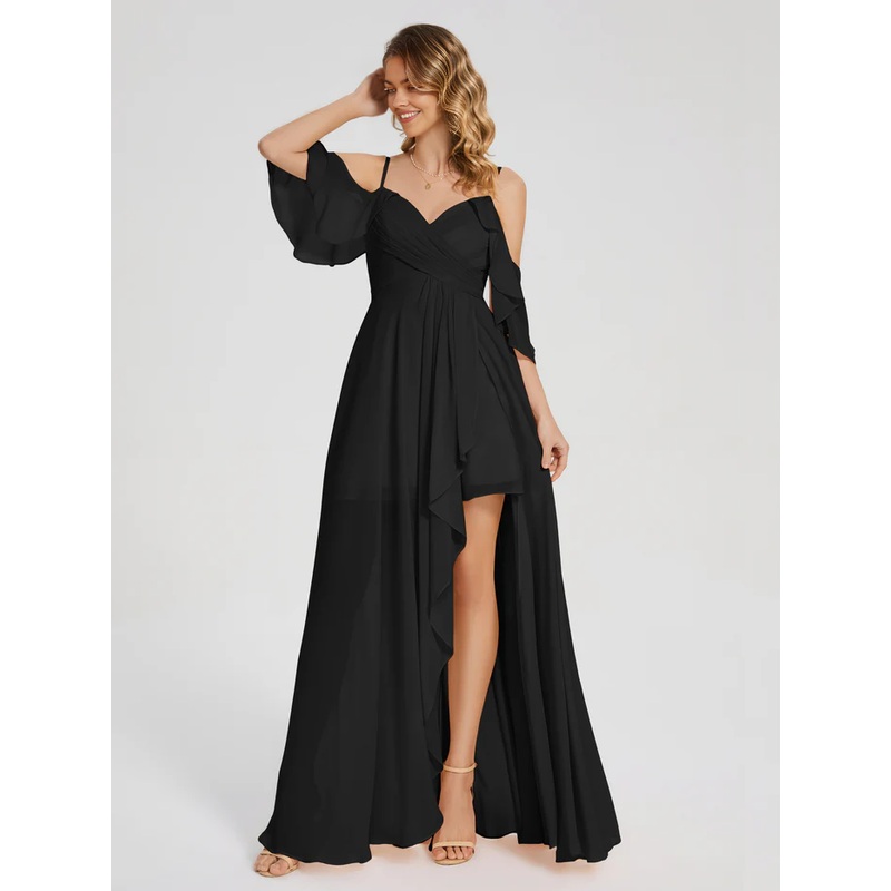 Asymmetrical Off the Shoulder Ruffles Chiffon Bridesmaid Dress