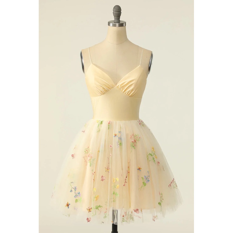 Champagne Tulle A-line V-Neck Homecoming Dress with Embroidery