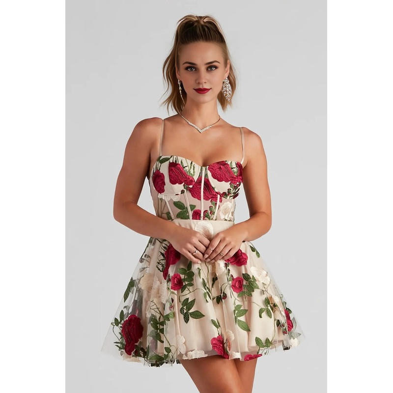 Cute A-Line Floral Bustier Party Dress Mini Dress Homecoming Dress
