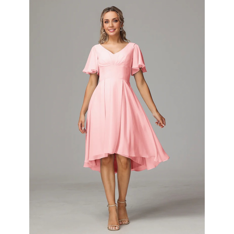 Cute A-Line Short Sleeves V Neck Knee Length Chiffon Bridesmaid Dresses