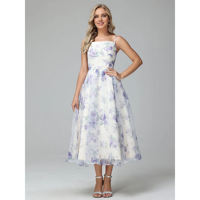 Cute A-Line Spaghetti Straps Floral Printed Tea Length Bridesmaid Dresses