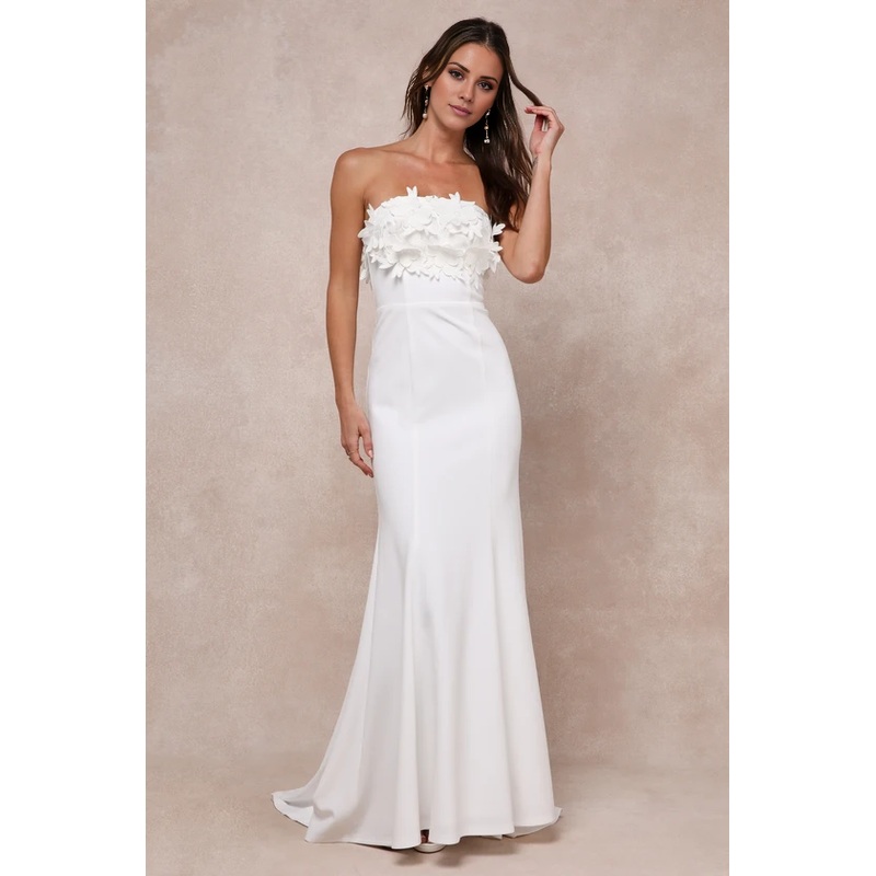 Ivory 3D Floral Embroidered Strapless Maxi Dress Floor-length Wedding Dresses