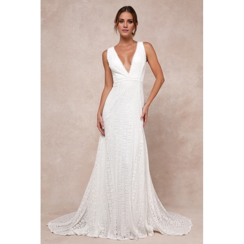 Ivory Lace Sleeveless Backless Trumpet Maxi Dress Deep V-Neck Chapel Train Wedding Dress