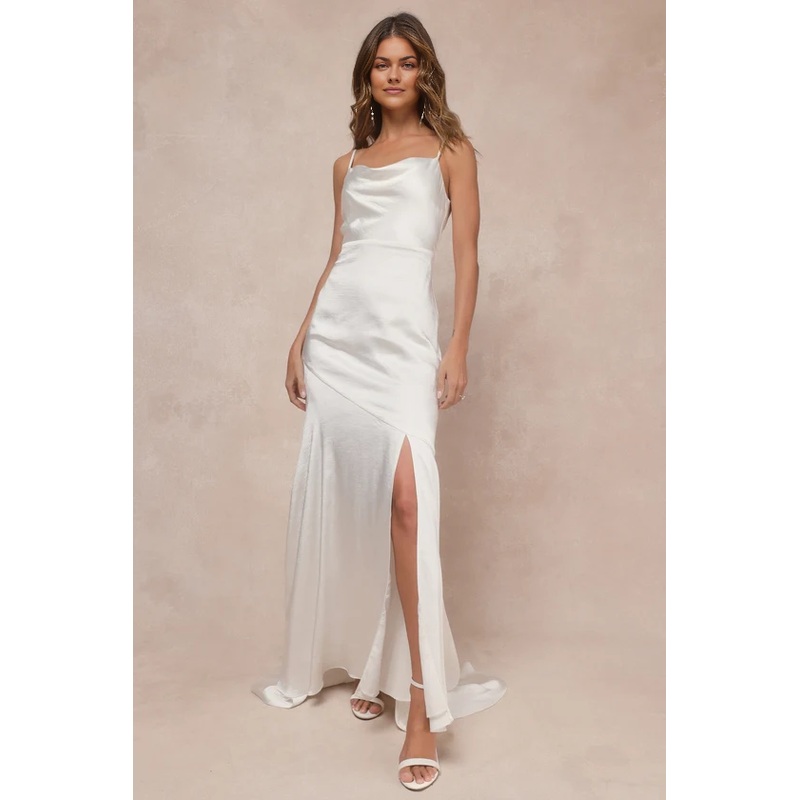 Ivory Satin Backless Cowl Neck Maxi Dress Spaghetti Strap Floor-length Wedding Dresses