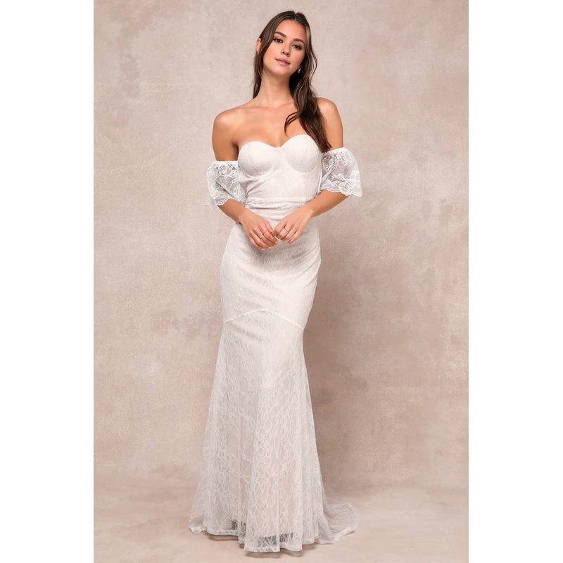 Mermaid Ivory Lace Off-the-Shoulder Maxi Dress Chapel Train Wedding Dress