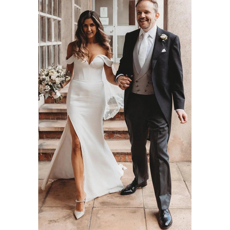 Mermaid Satin Wedding Dresses Off the Shoulder with Slit
