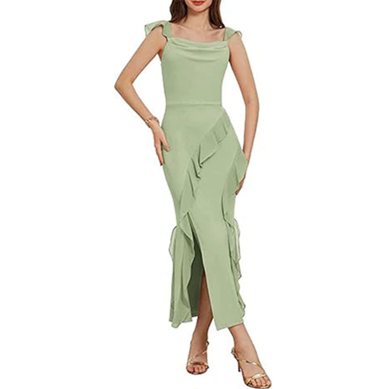 Mermaid/Trumpet Cowl Neck Sleeveless Flounce Ankle-Length Bridesmaid Dresses