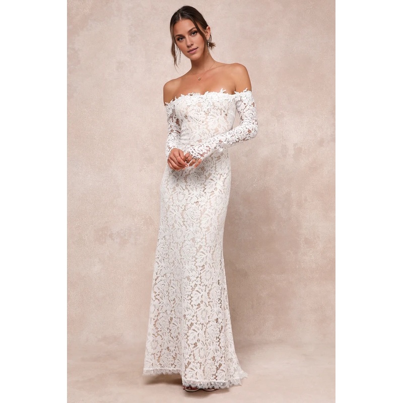 Mermaid White Lace Wedding Dresses Off-the-Shoulder Maxi Dress