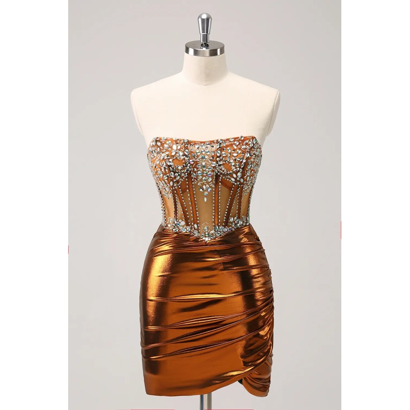 Metallic Copper Strapless Ruched Bodycon Corset Homecoming Dress with Beading