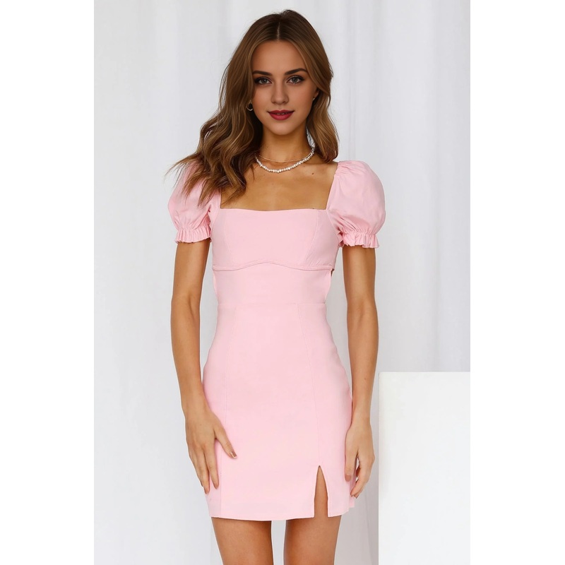 Mine Dress Pink Solid Color Bubble Sleeved Cute A-Line Homecoming Dress