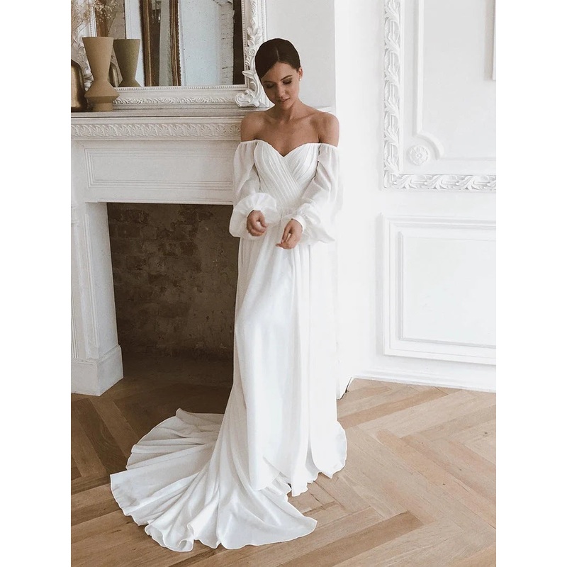 Off the Shoulder Chiffon Beach Long-Sleeve Wedding Dresses