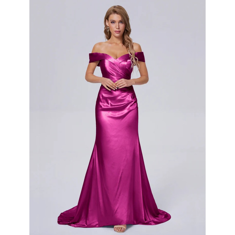 Off the Shoulder Hourglass Soft Satin Bridesmaid Dresses Sweep/Brush Train Dresses