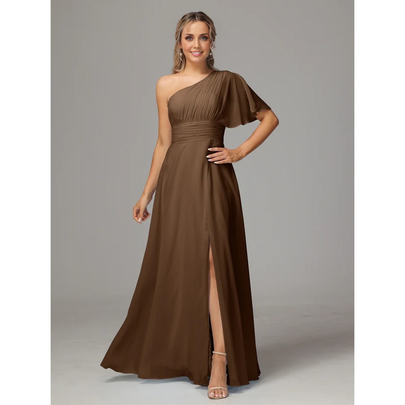 One Shoulder Chiffon Floor-length Bridesmaid Dresses With Slit