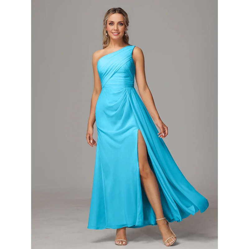 One Shoulder Floor Length Chiffon Bridesmaid Dress With Slit