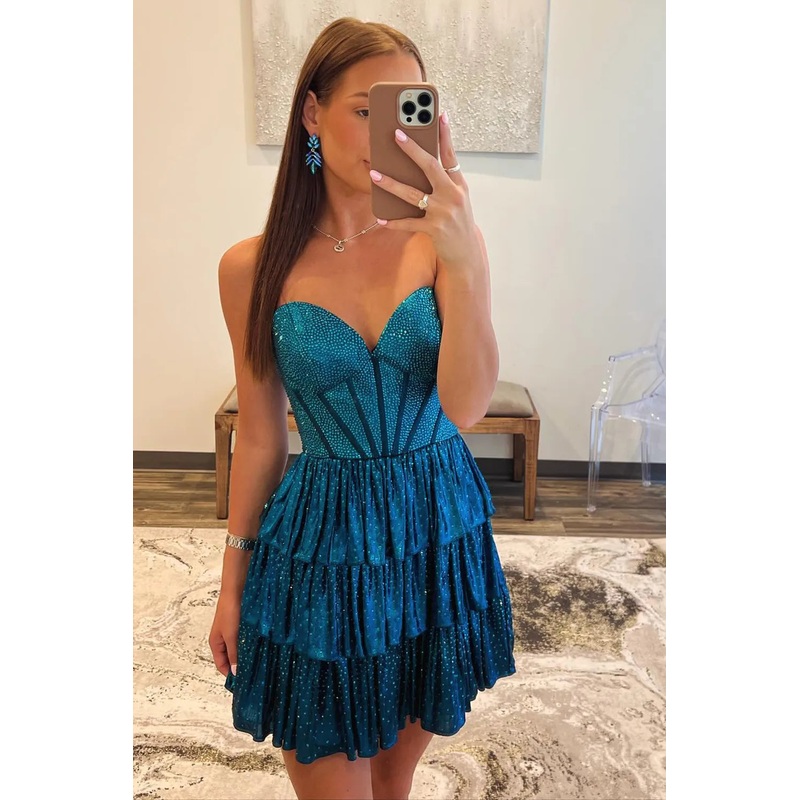 Peacock Blue Strapless A-Line Tiered Corset Sweetheart Homecoming Dress with Beading