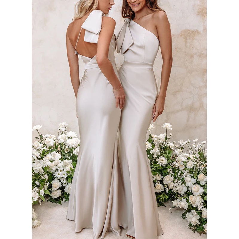 Sheath/Column One-Shoulder Satin Floor-length Long Bridesmaid Dresses With Bow