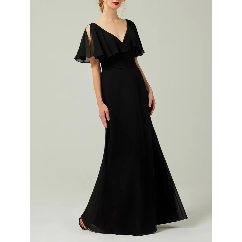 Sheath/Column Short Sleeves V-Neck Chiffon Floor-Length Wedding Guest Dresses