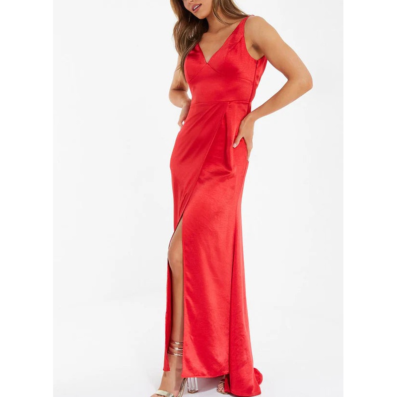 Sheath/Column V-Neck Floor-length Satin Bridesmaid Dresses With Split Side
