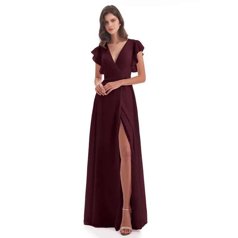 Sheath Floor Length V-Neck Chiffon Ruffles Bridesmaid Dresses With Slit