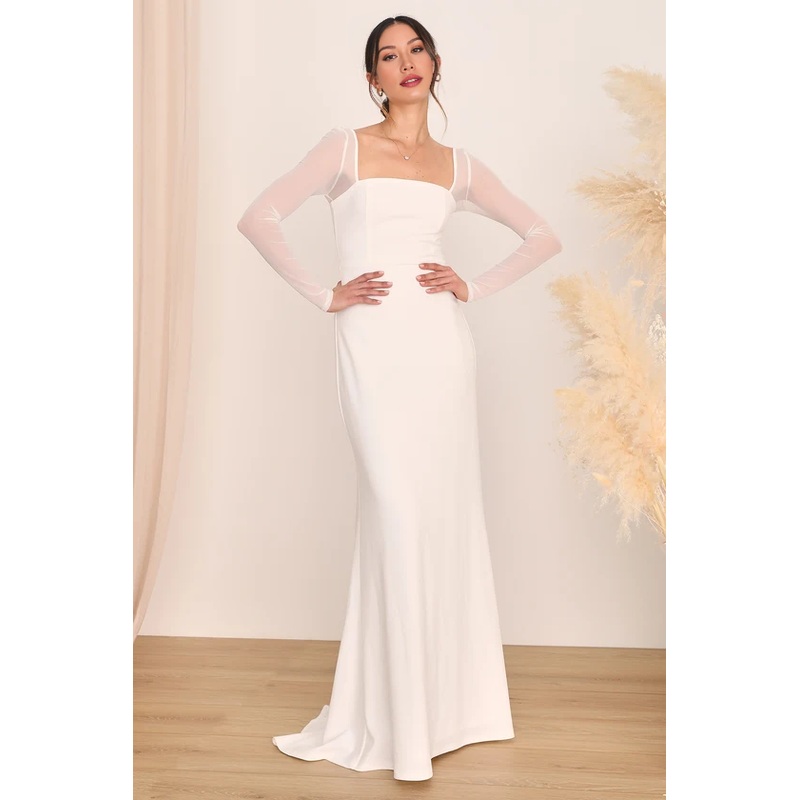 Simple White Mesh Long Sleeve Maxi Dress Wedding Dresses Court Train Dresses